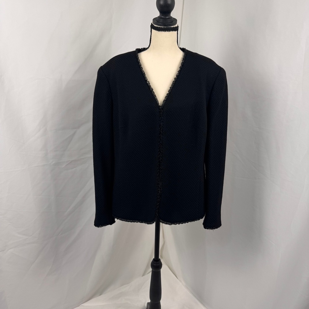 Dana Buchman Blazer Women 16 Black 100% Wool with Textured Chiffon Trim DBLU5983